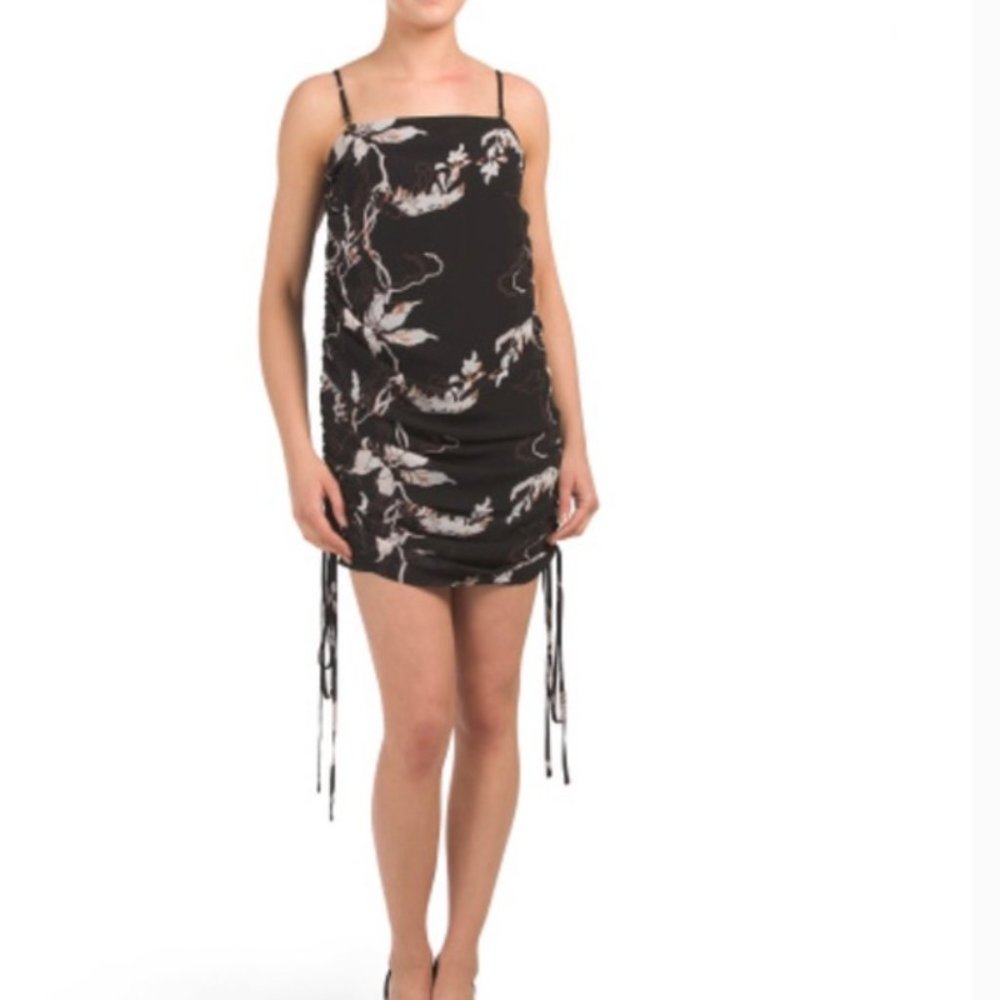 Shona Joy Rouched Black and White Floral Slip Dress Size